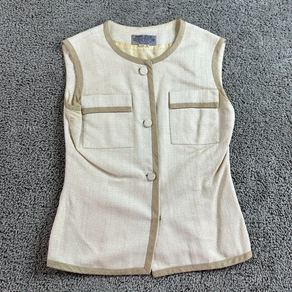 VINTAGE 60s Moe Nathan Silk Vest Womens 8 Beige Button Front Sleeveless READ - Picture 1 of 13